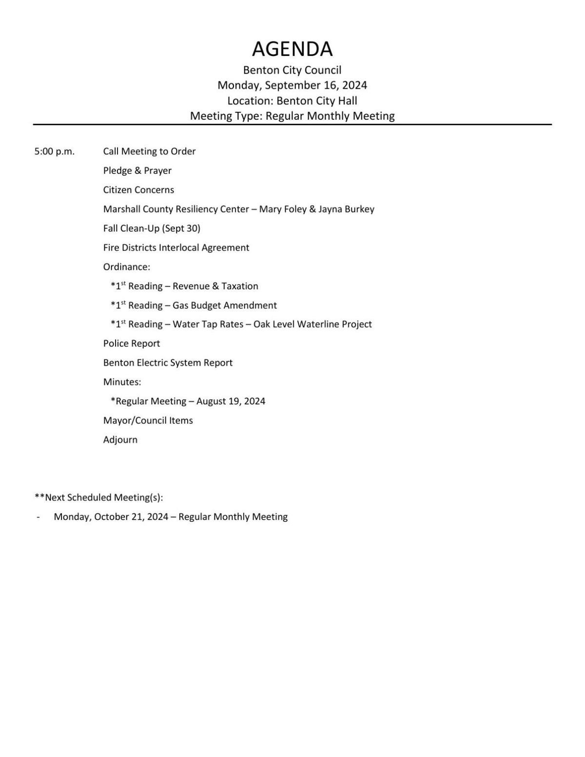 benton city council meeting agenda