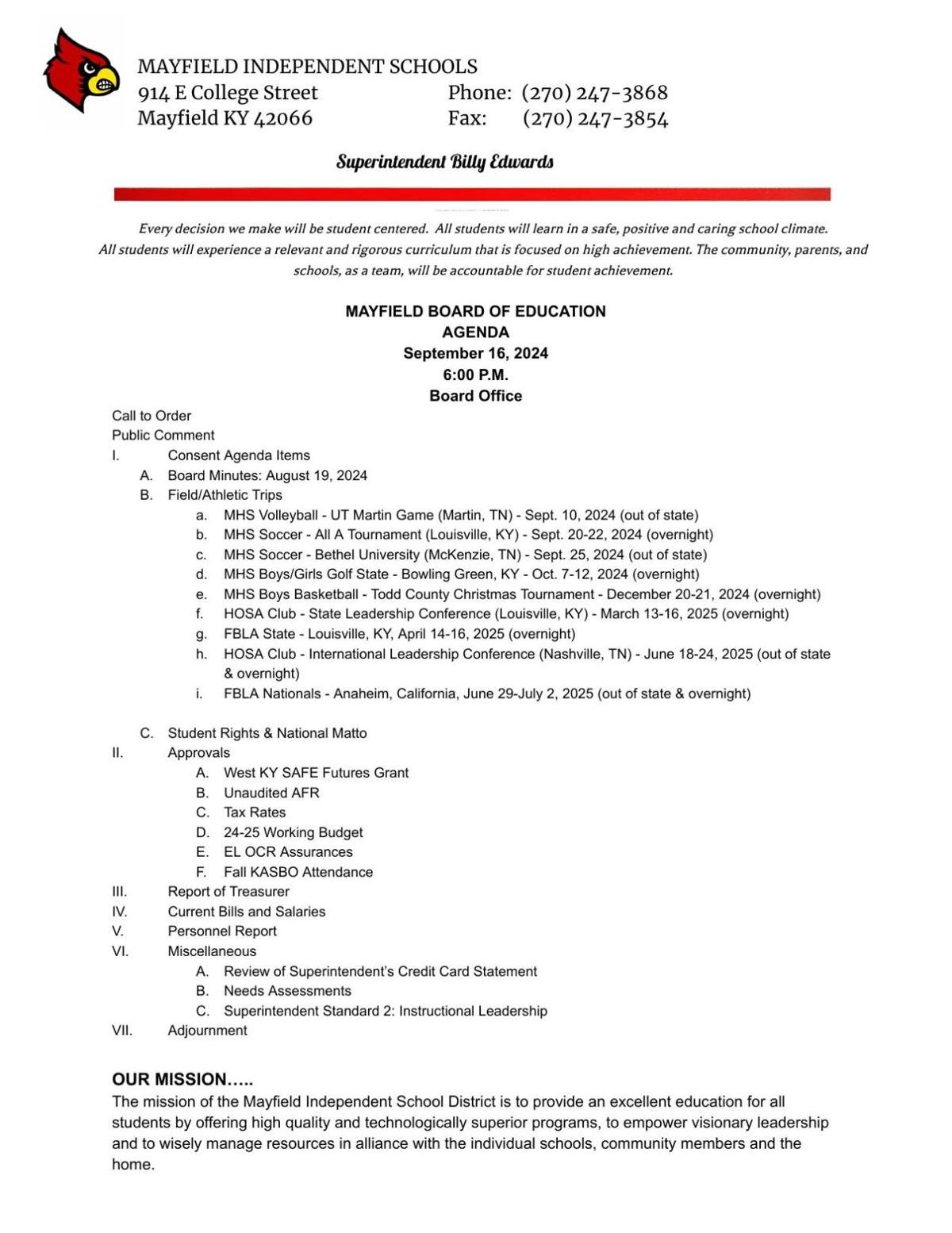 mayfield board of education meeting agenda